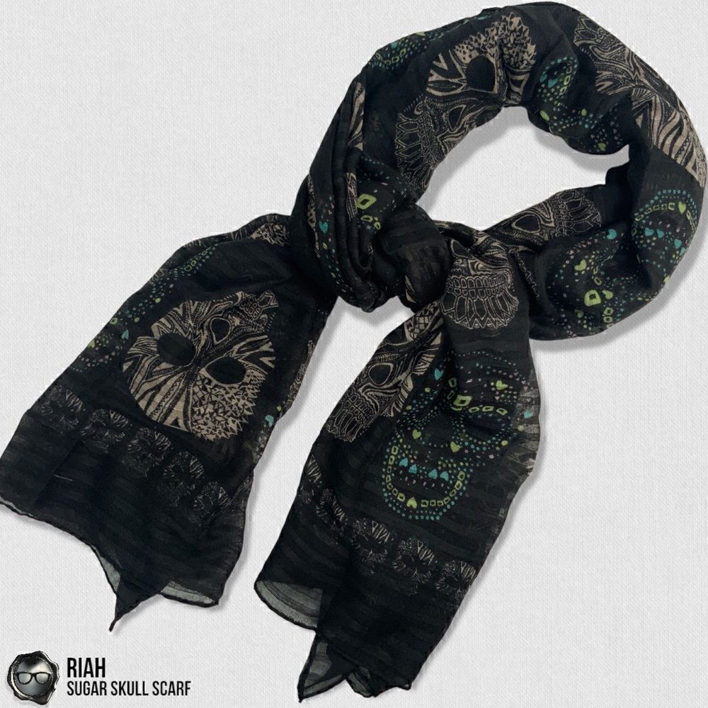 LIGHTWEIGHT GAUZY SUGAR SKULL PRINT SCARF WRAP SHAWL IN BLACK HALLOWEEN MUERTOS - Picture 3 of 12